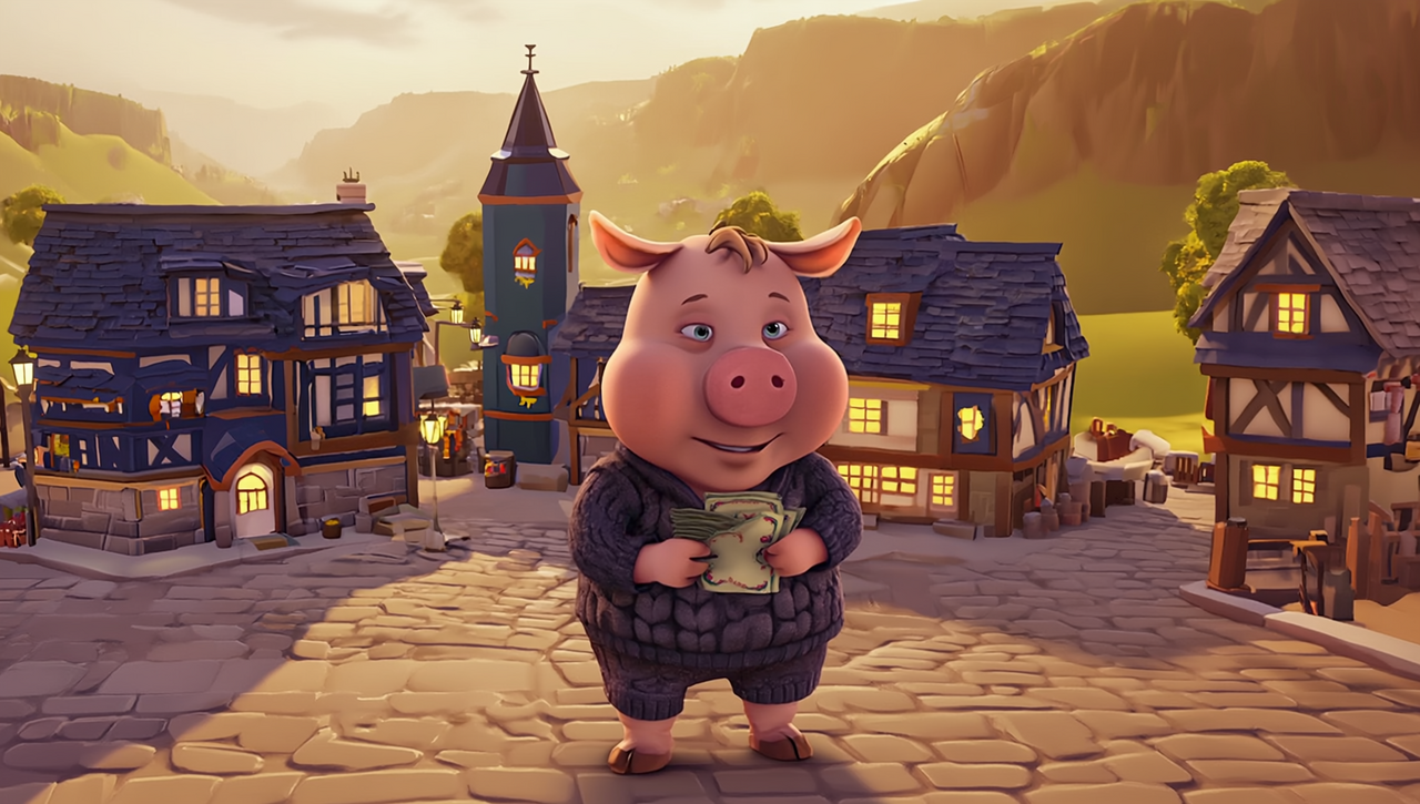 Ari das Schwein hält behutsam ein paar Scheine