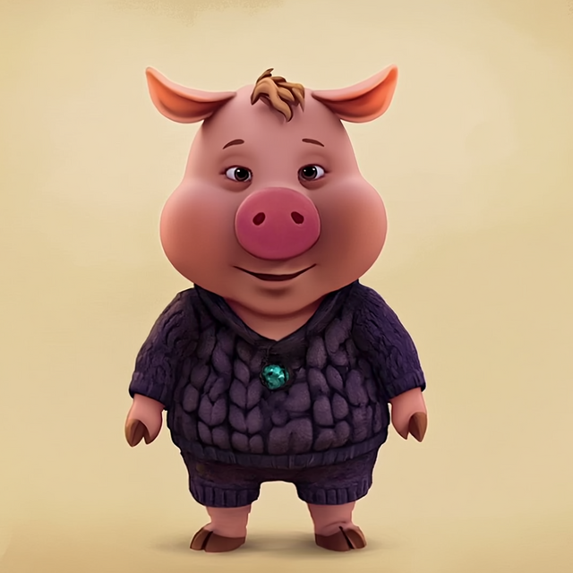 Ari, das Schwein im Strickpullover mit Scheinen in der Hand