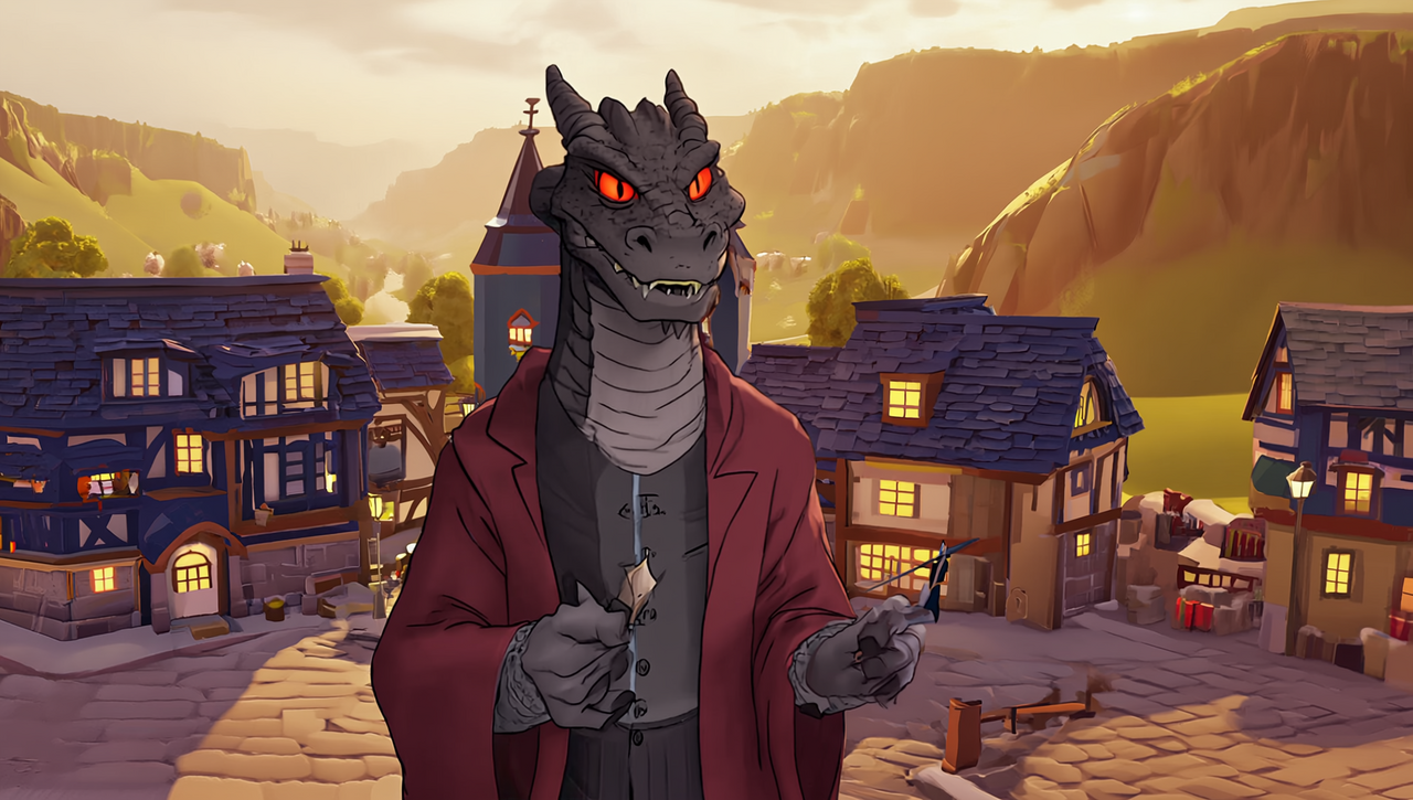 Bruce der Drache mit roten Augen und weinrotem Mantel über dem Tal