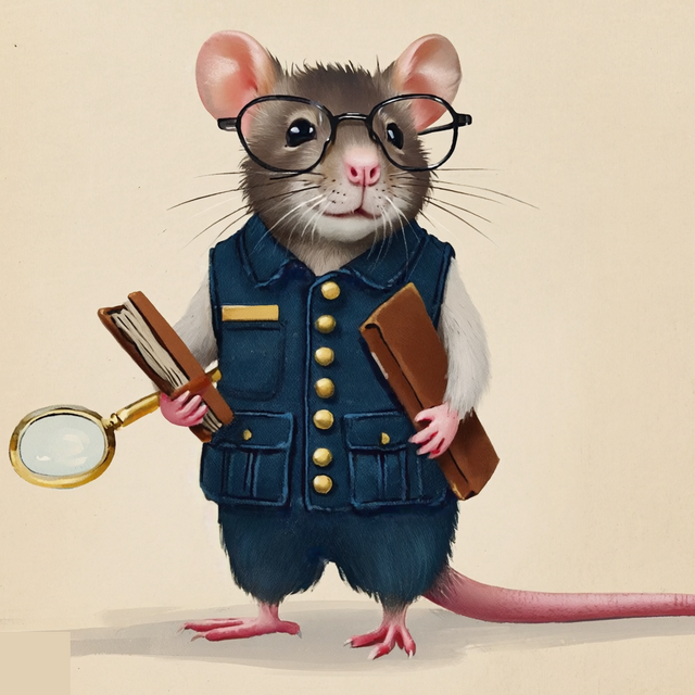 Carina, die Ratte mit Brille, Weste und Notizbuch