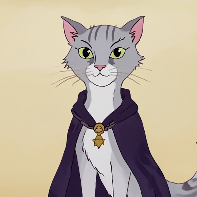 Cleo, die elegante graue Katze mit dunklem Umhang