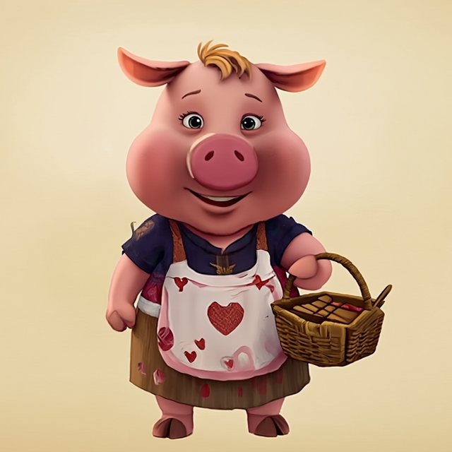 Ella, das fröhliche Schwein mit Herzchen-Schürze und Picknickkorb