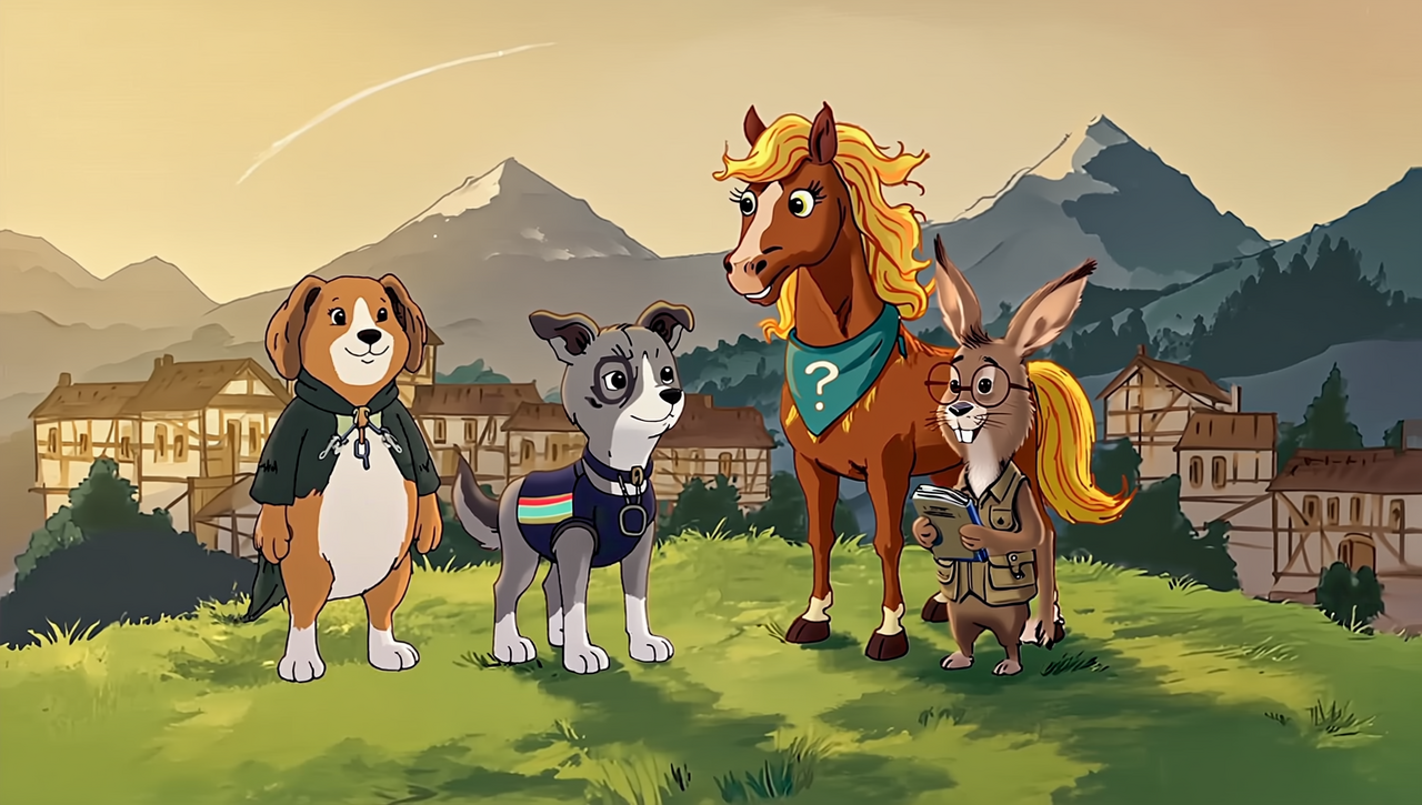 Joe, Luki, Simon und Manu stehen gemeinsam vor dem abendlichen Glückstal