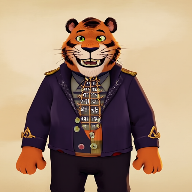 Hugo, der Tiger mit Zahlen-Krawatte, Arme weit ausgebreitet
