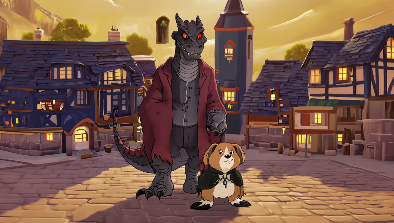 Joe steht Bruce dem Drachen auf dem Marktplatz gegenüber