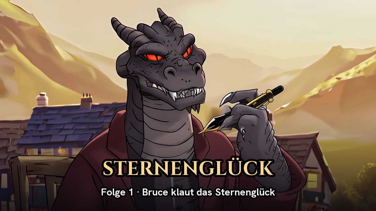 Folge 1: Bruce der Drache mit Füllfeder vor dem Glückstal